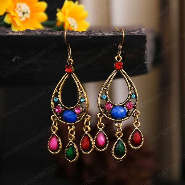 

ethnic women's green crystal beads water drop indian dangle earring vintage alloy hollow tassel jhumka earrings bohemia jewelry, Silver