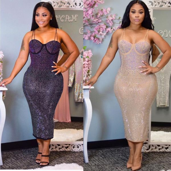 

fall diamonds bodycon mid-calf dress women spaghetti straps backless long vestidos club party robes casual dresses, Black;gray