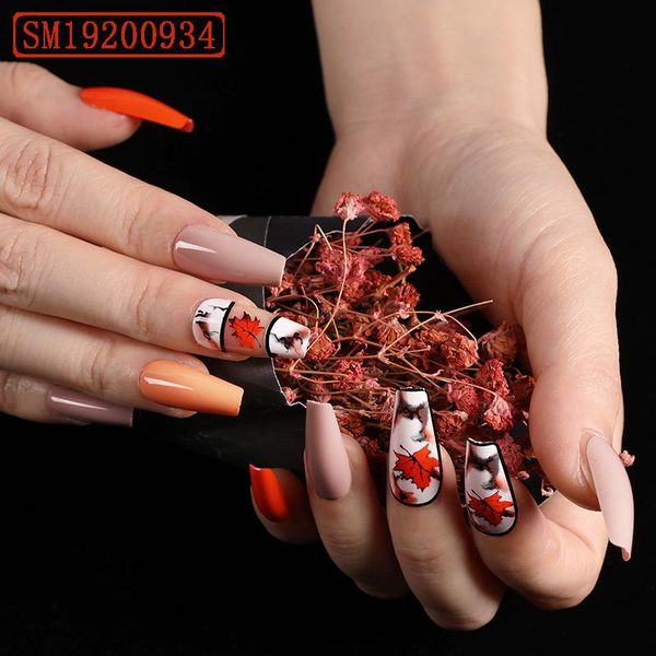 

false nails 24pcs maples leaf printed nail patch glue type removable long paragraph fashion manicure save time soyw889, Red;gold