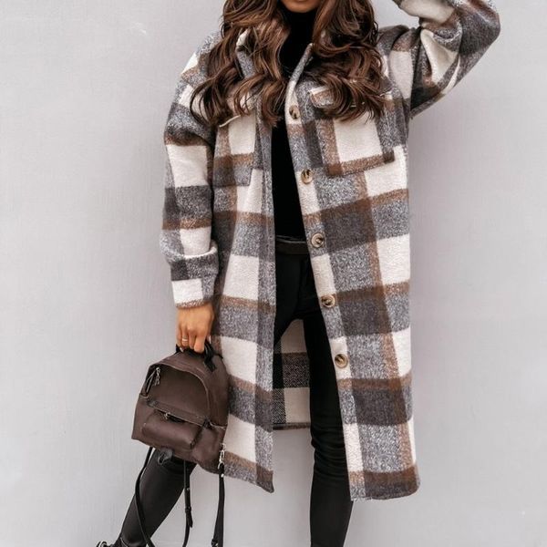 

women's wool & blends 2021 winter checked women jacket turn down overcoat thin plaid lon coat oversize retro female streetwear shirt, Black