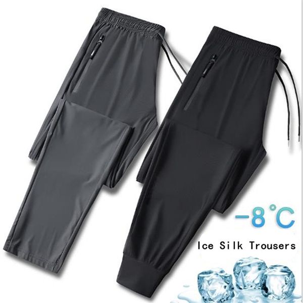 

fashion straight pants men's solid color elastic waist casual men streetwear loose ice silk trousers mens 210715, Black