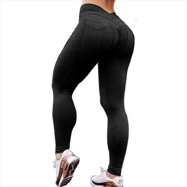

fitness high waist women legging push up polyester soild pocket ankle length female workout 7 color, Black