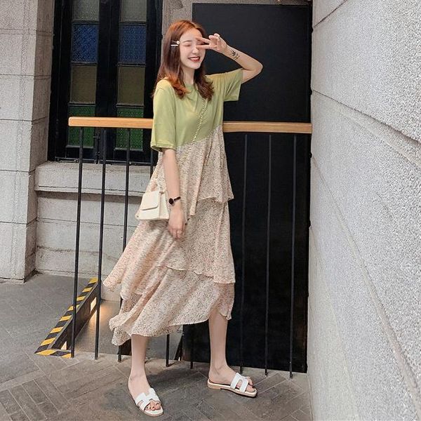 

625# maternity dress summer short sleeves patchwork cake o neck easy matching loose stylish pregnant women mom dresses, White