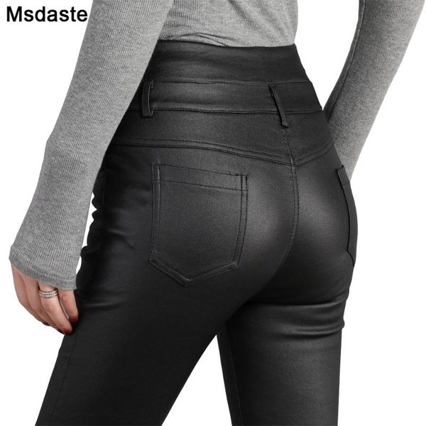 

women's leggings matte pu trousers 3 buttons high waist tights women pencil pants female streetwear skinny faux leather, Black