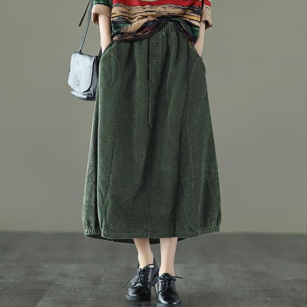 

autumn cotton corduroy skirt 2021 spring women elastic waist a-line midi female loose vintage retro skirts, Black