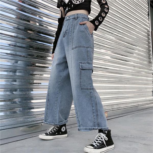 

women's pants & capris plus size loose baggy denim high waist streetwear side cargo pocket woman man pant korean casual hip hop harem f, Black;white