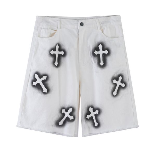 

crosin cross print flannel denim shorts men's american fashion brand loose capris summer casual straight pants, Black