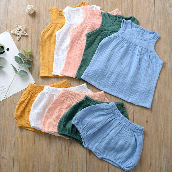 Bebê de linho de verão Bebê cair de algodão crianças roupas crianças menina de menina conjunto recém-nascido colete tops + shorts toddler pano 0-4Y G220217