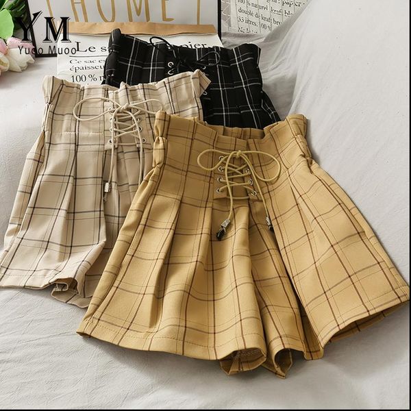 

ins womens shorts fashion high waist bandage women summer vintage plaid wide leg short pants loose girl feminino, White;black