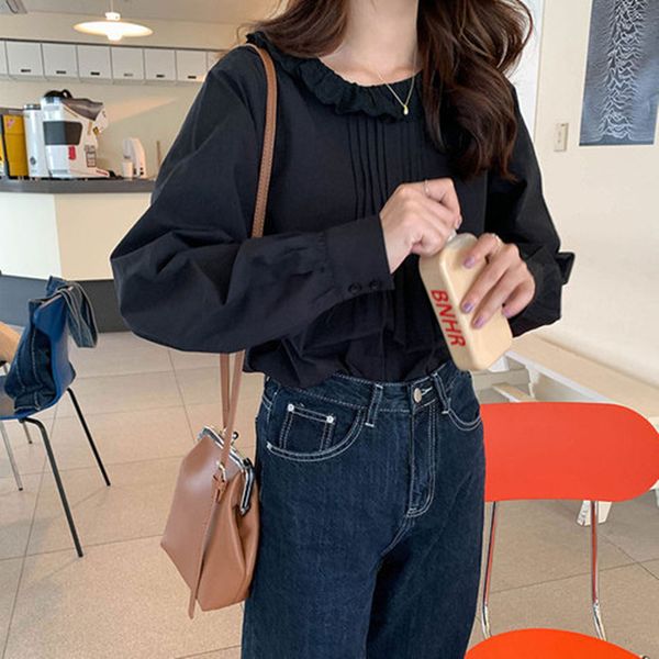 

3 colors 2021 Women ruffles chiffon Tops sweet style Long Sleeve Blouse spring Womans Shirts (X1151), White