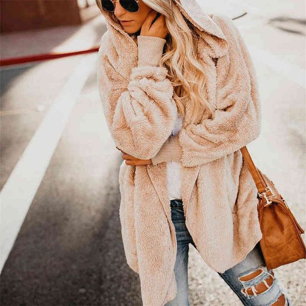 

casual faux fur hoodie coat teddy bear khaki fleece fluffy jacket autumn winter women cardigan long sleeve plush overcoat, Black