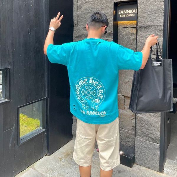 

croosin chao brand short sleeve men's cracked sanskrit printing blade hole summer pure cotton lovers t-shirt, White;black