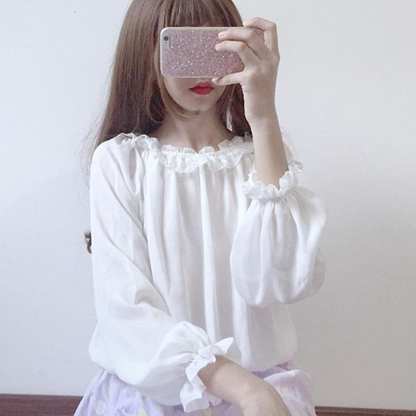 

women's blouses & shirts summer ladies lolita blouse japanese loose wild sweet lace lantern sleeves women harajuku long sleeve chiffon, White