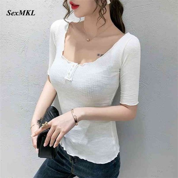 

summer t shirt women fashion short sleeve basic white t-shirts korean clothes slim ladies button casual black 210524