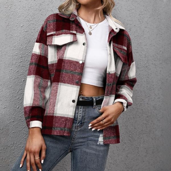 

women's jackets women casual single breasted jacket outfit fashion plaid long sleeve female autumn cotton thick coats loose outwear, Black;brown