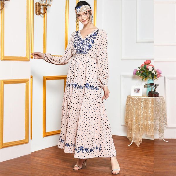 

polka dot embroidery long dress women pink v ne full sleeve maxi dresses fall empire swing muslim arabic clothing vestidos, Red