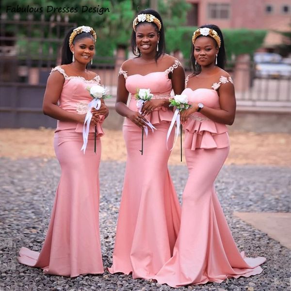 

applique lace bridesmaid dresses pink long mermaid sheer o-neck wedding party dress formal african women sweep train, White;pink