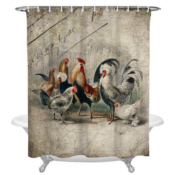 

farm rooster chicken retro illustration shower curtain polyester fabric waterproof curtains modern bathroom