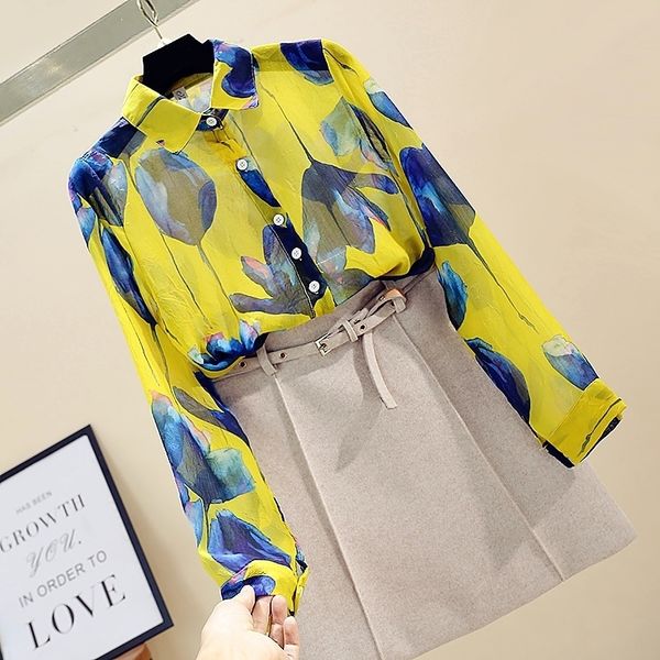 

spring autumn women's chiffon shirt new retro fashion all-match printed blouse long sleeve blusa gd585 210317, White