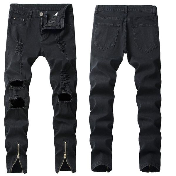 

men's jeans denim scratched hip-hop stretch ripped brand famous with zipper fashion, Blue
