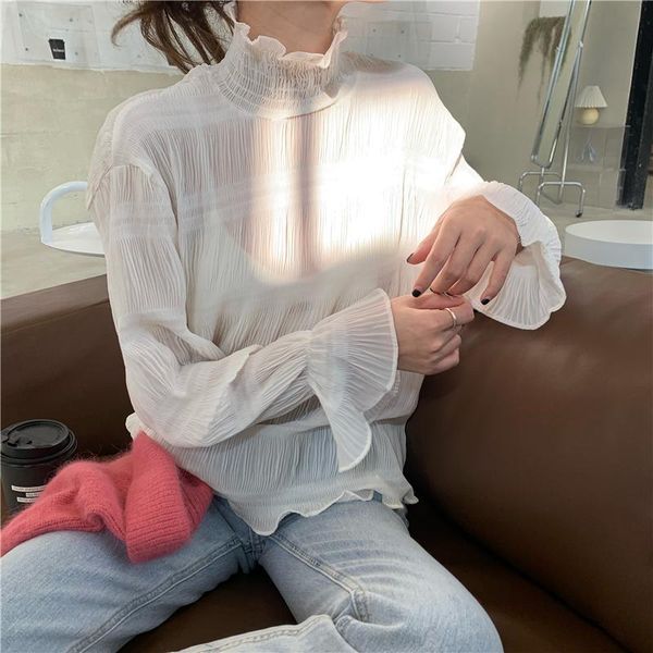 

women's blouses & shirts 2021 autumn arrival shirt high neck pleated wood ear chiffon white female korean kawaii cute clothes for women