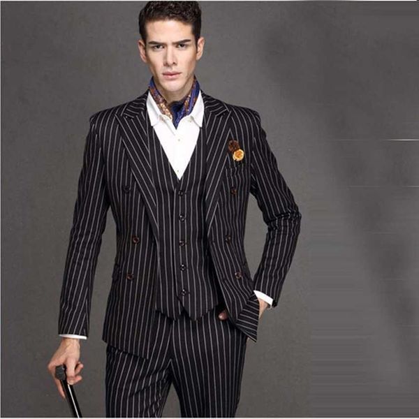 2019 Yeni Siyah Düğün Beyaz Pinstripe Erkekler Suit Deakili Yaka Terno Masculino Slim Fit Blazer Erkek Resmi İş Erkek Takım Elbise Set X0909