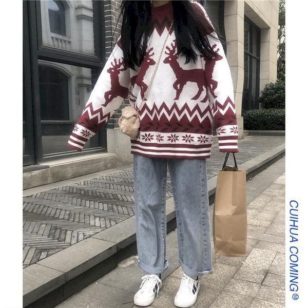 

women's sweaters pullover sweater female retro deer cartoon color spliced christmas elk loose couple suit family gifts festive clothing, White;black