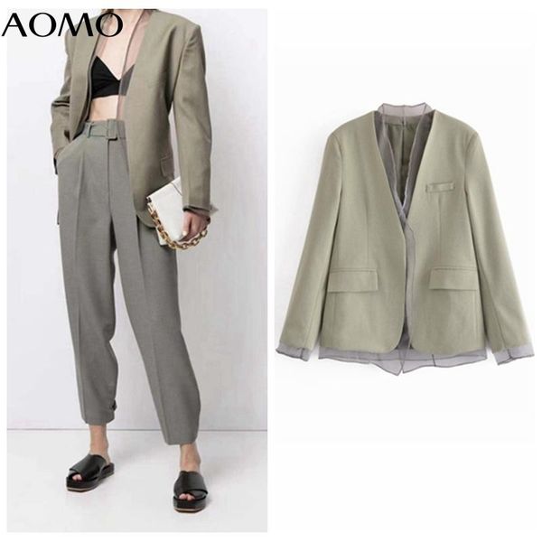 

women's suits & blazers aomo women solid mesh patchwork blazer coat vintage notched collar pocket 2021 fashion female casual chic 3w17, White;black