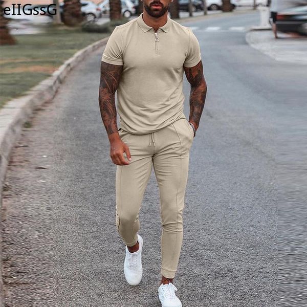

men's tracksuits fashion solid mens clothes 2021 summer 2 piece set men turn-down collar zipper and drawstring pants outfit casual sui, Gray