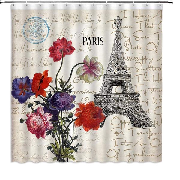 

retro european theme shower curtain eiffel tower colorful flowers on nostalgic text newspaper,70x70 inch polyester fabric