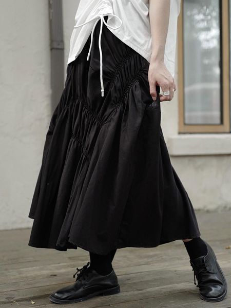

skirts japanese original home-made yamamoto style dark ultra-wide version of women's medium-length skirt with irregular pleats, Black