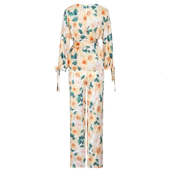 

bohemian two piece set for women stand collar lantern sleeve full length pants designer sets female 2021 spring, White
