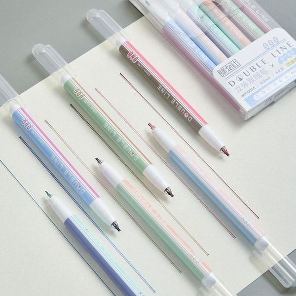 

highlighters 6pcs/set morandi color double line fluorescent marker outline pen highlighter glitter, Black;red