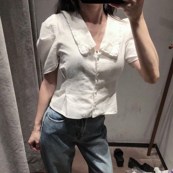 

women's blouses & shirts european and american style 2021 summer elegant short fashion lapel blouse, White