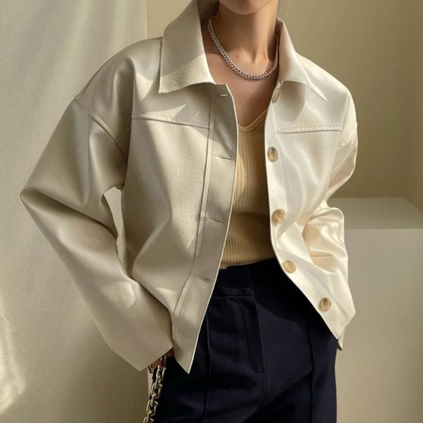 

women's jackets women jacket 2021 autumn french handsome temperament lapel single-breasted loose casual long-sleeved leather coats, Black;brown