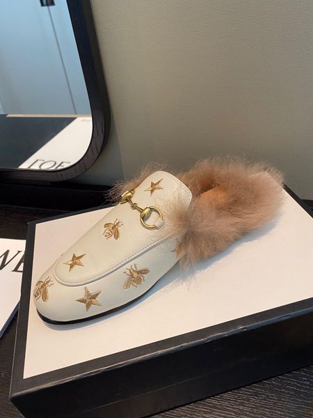 

2022 fur slippers womens shoes canvas wool slipper leather scuffs velvet princetown loafers flats with horsebit size 35-40, Black
