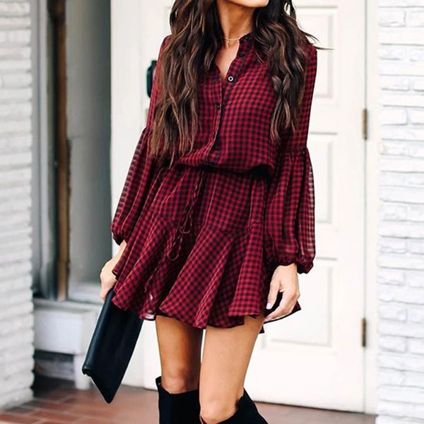 

casual dresses lantern long sleeve dress elegant plaid print lapel single breasted lace up mini 2021 vintage patchwork for women, Black;gray