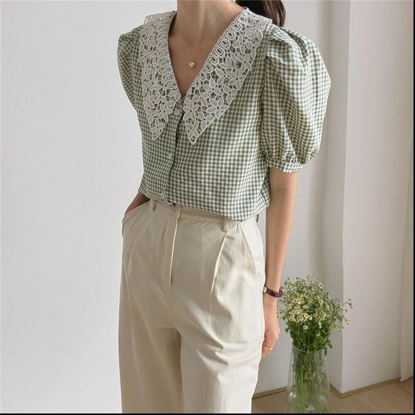

peter pan collar plaid patchwork womens blouses lace thin chic sweet summer puff sleeves all match loose shirts, White