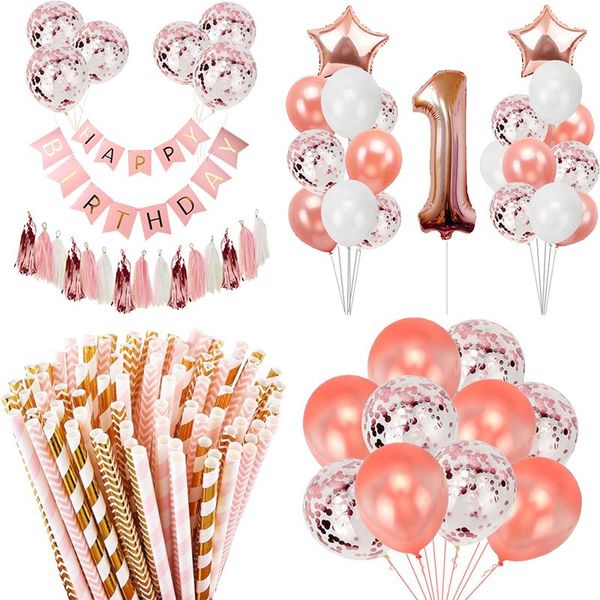 

party decoration rose gold happy birthday decorations kids baby girl boy 1 2 3 4 5 6 7 8 9 number foil balloons 1st years old latex