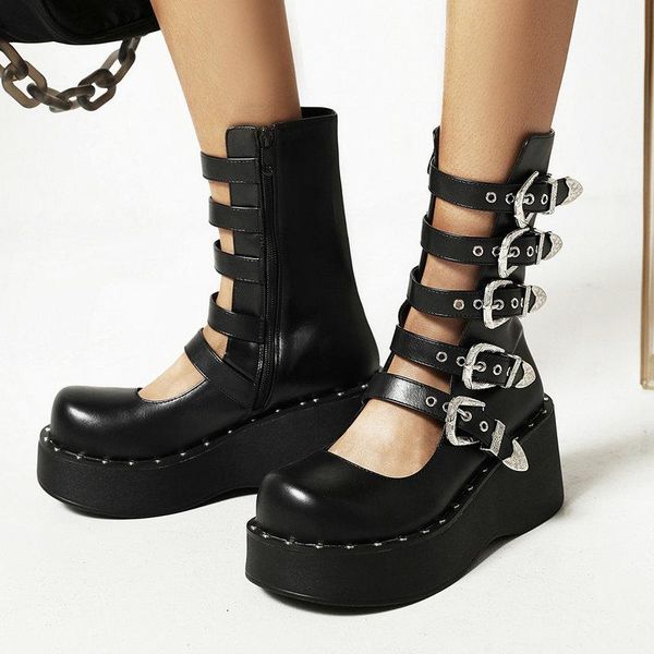 

boots black british style women summer fashion zipper platform shoes square heel round toe motorcycle spring autumn