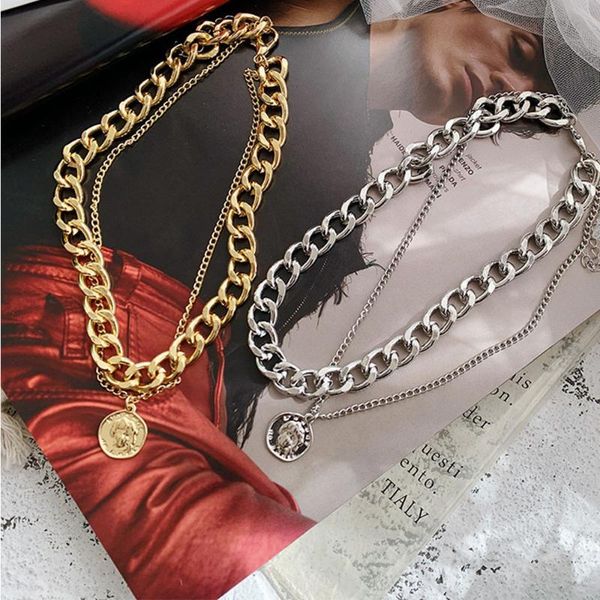 

pendant necklaces vintage multi-layer lock portrait round coin chain choker necklace for women gold key heart chunky jewelry, Silver