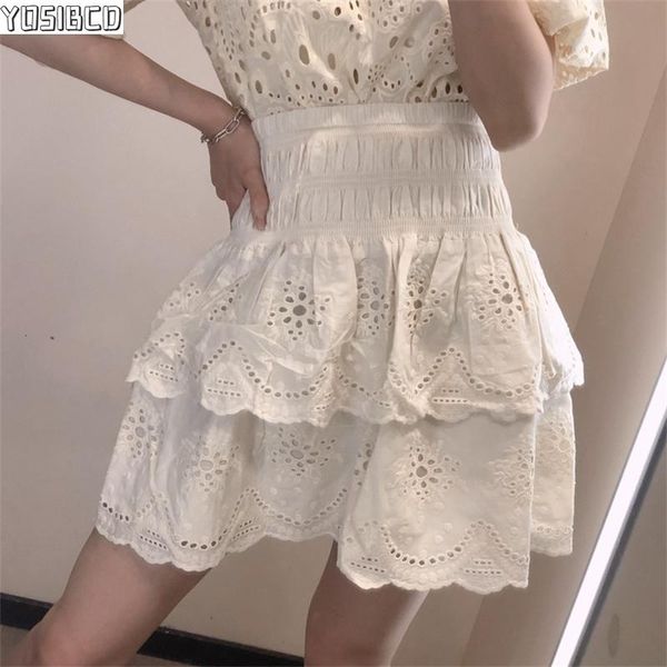 

skirts yosibcd women 2021 chic fashion cutwork embroidery skirt vintage high elastic waist ruffled female faldas mujer, Black