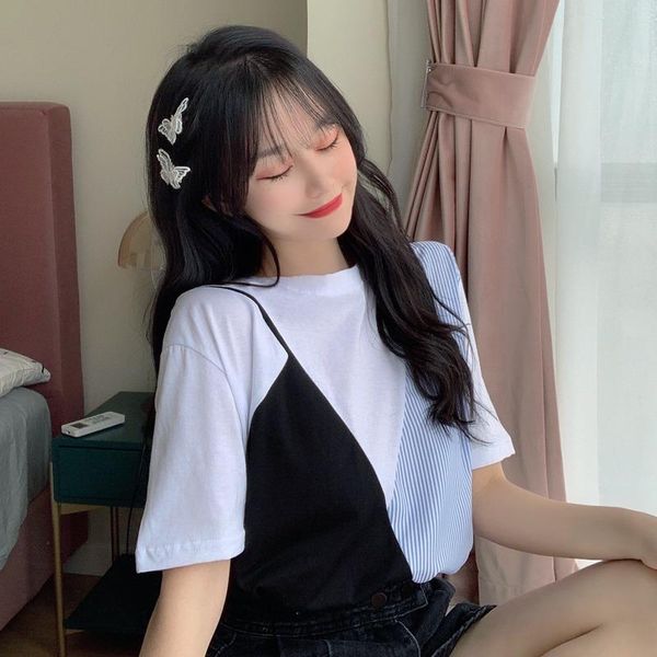 

women's t-shirt fake two pieces short sleeve t shirt women clothes o-neck causal tees loose patchwork korean ladies summer fashion bra, White