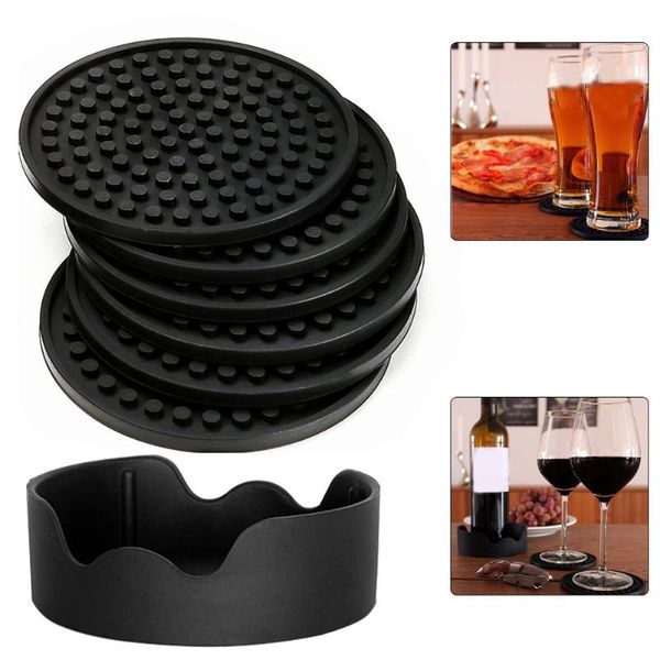 

silicone drink coasters non-slip round bar with holder heat resistant kitchen household products napkin rings