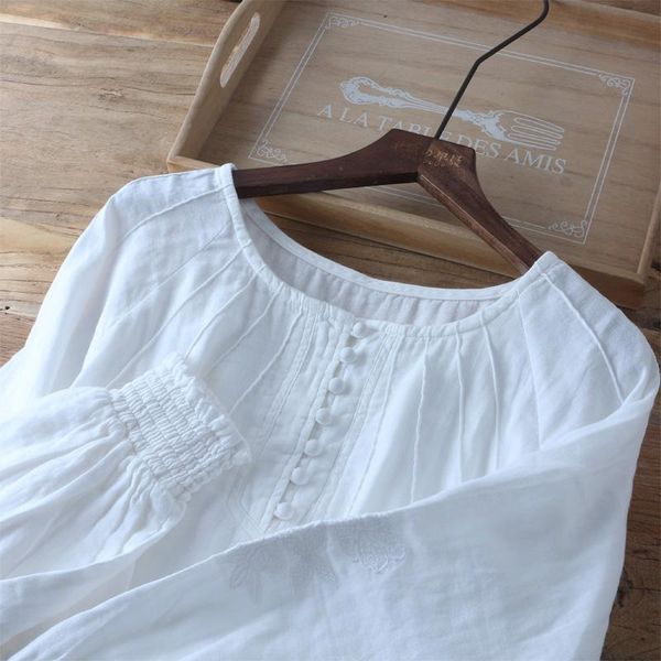 

women's blouses & shirts autumn o-neck pleated covered buttons long sleeve cotton yarn shirt blouse, White