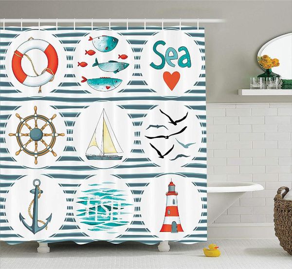 

shower curtains nautical decor curtain set sea with fishes lifebuoy gulls and lighthouse marine inspired maritime theme bathroom