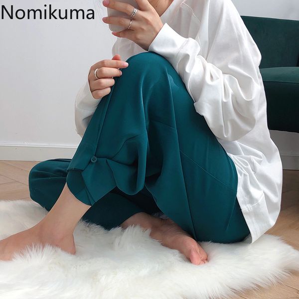 

nomikuma arrival solid color high waist loose harem trousers straight wide leg ankle length pants women pantalones 3a252 210514, Black;white