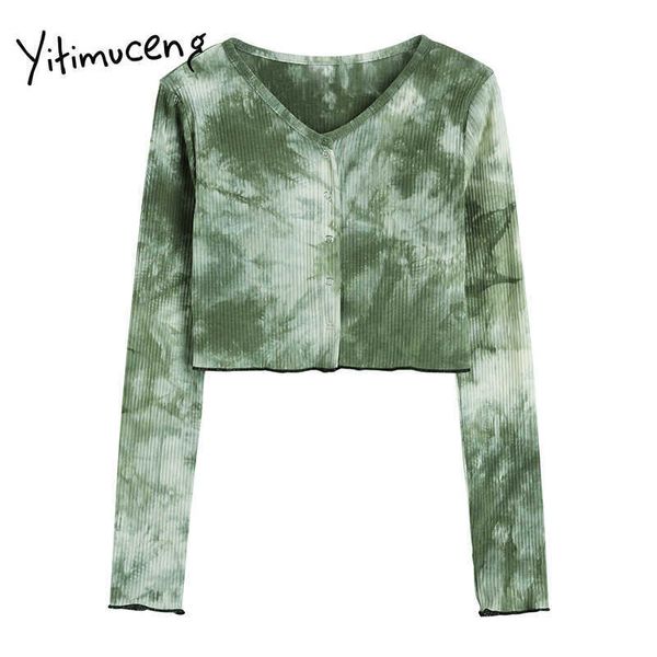 

yitimuceng vintage t shirts for woman tie dye slim tees straight long sleeve v-neck spring summer fashion tshirts 210601, White