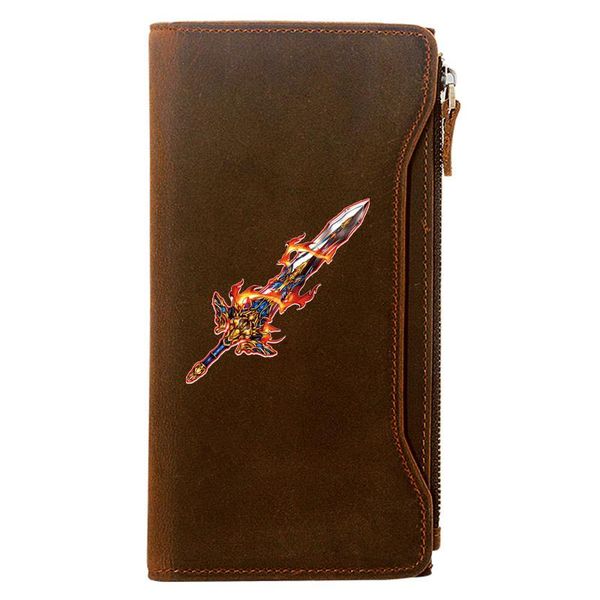 

wallets vintage ancient sword printing genuine leather wallet men long purse with phone bag zipper card holder clutch, Red;black