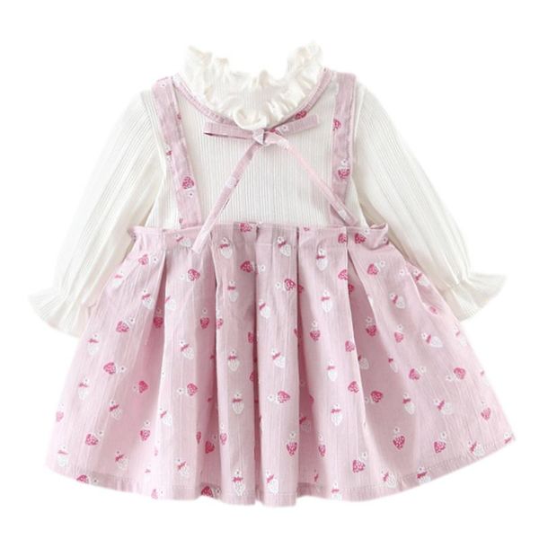 

born baby girls dress toddler kids long sleeve strawberry printed bow-knot party princess girl clothing girl's dresses, Red;yellow